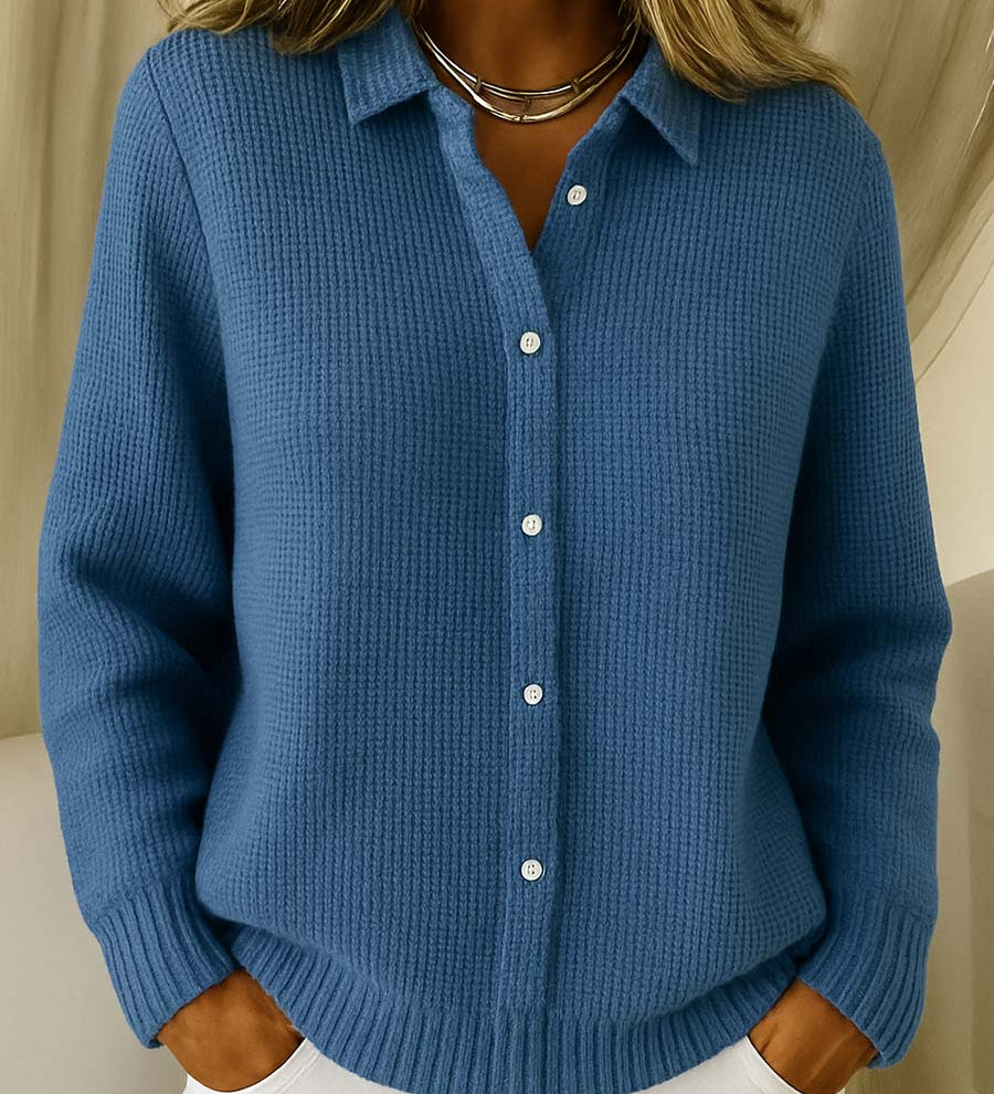 Strukturovaný pletený kardigan s výrazným límcem a knoflíky vpředu